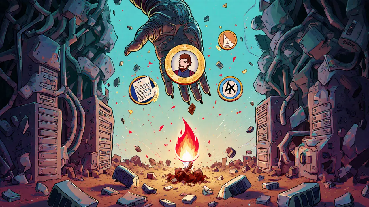 A giant hand holding a transforming NFT as centralized servers crumble, with eternal Arweave flame at center.