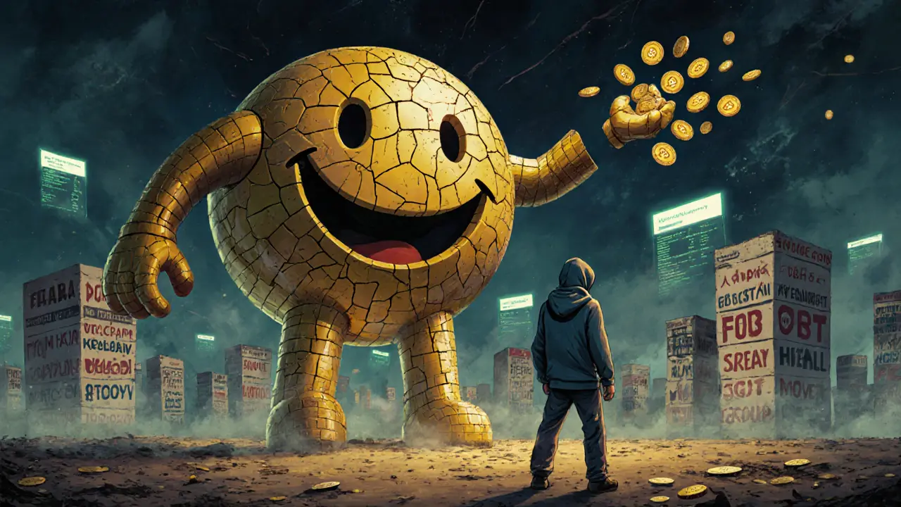 A hollow crypto mascot statue in a dead city as a figure tosses FOC tokens into nothingness.