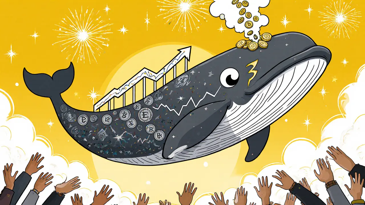 A massive whale exhaling crypto coins toward eager retail traders under a golden euphoric sky, its eyes cold and calculating.