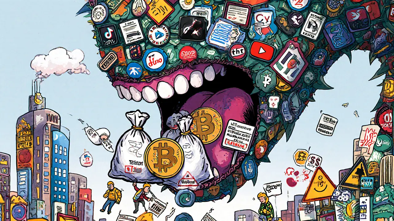 A monster made of social media icons swallowing crypto, while tiny figures flee with safety signs.