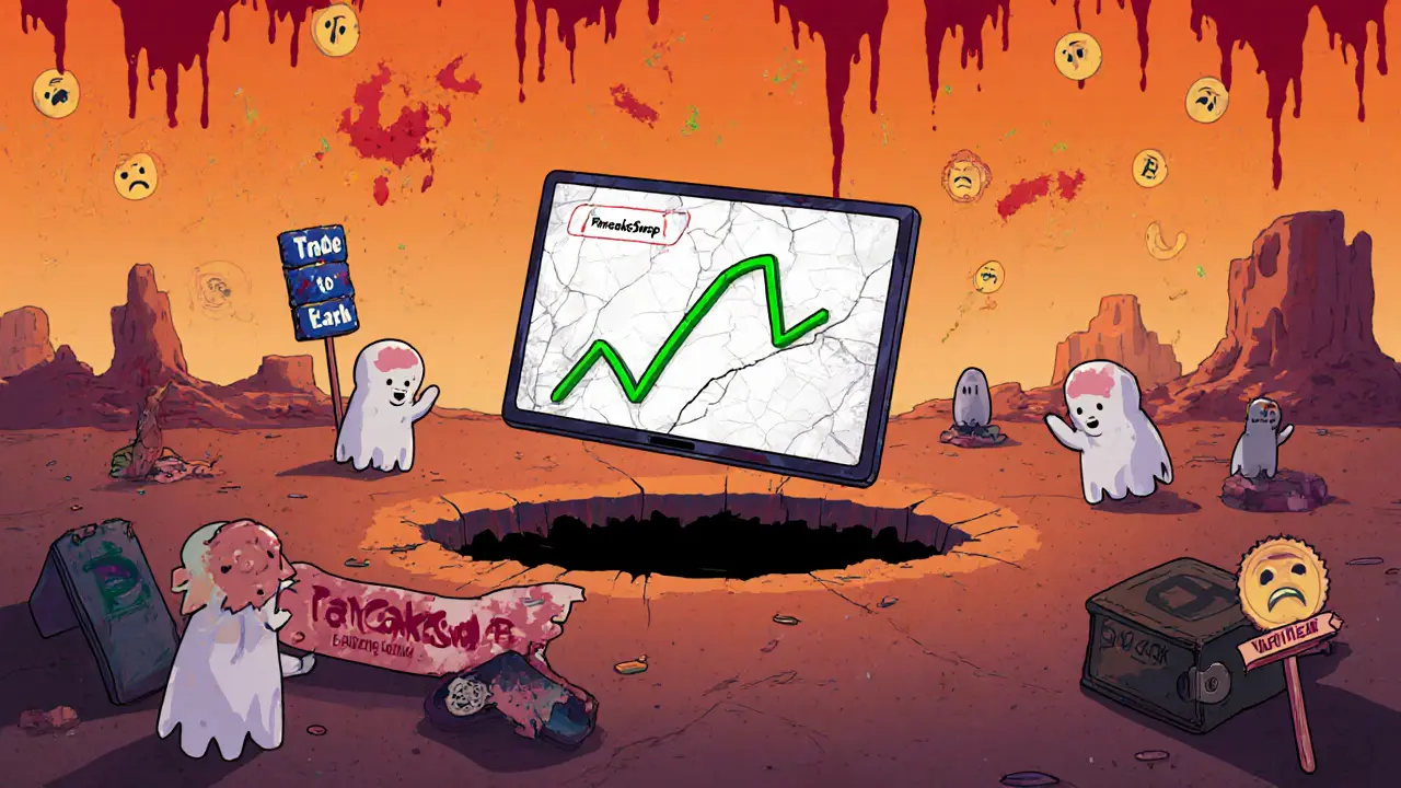A plummeting trading chart in a digital desert surrounded by abandoned wallets and fake badges.