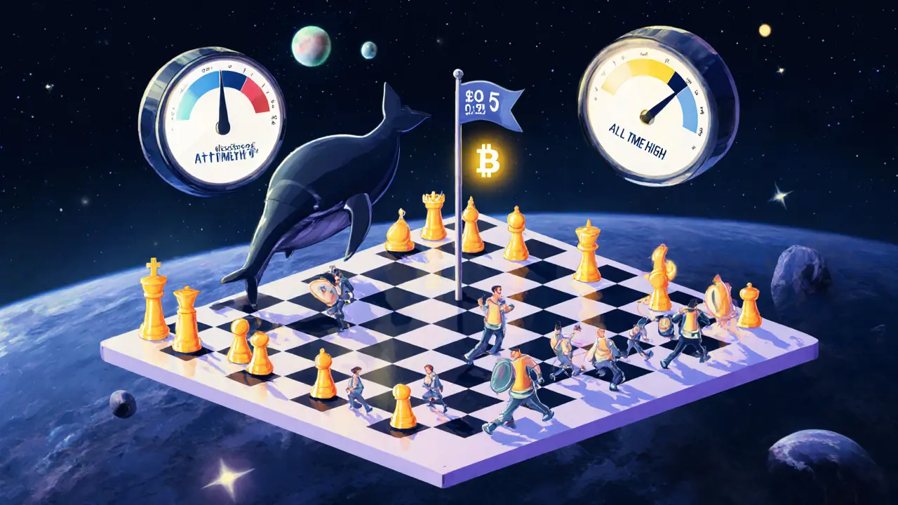 A surreal chessboard of crypto wallets where whale pieces move silently as retail pawns chase a fake all-time high flag.