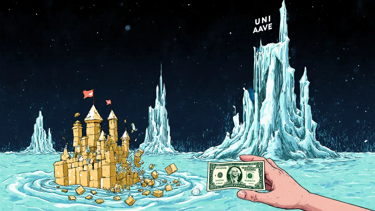 A tiny castle of blockchain blocks dissolving in empty liquidity.