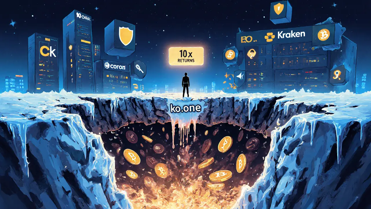 A trader on a crumbling blockchain bridge above a pit labeled &#039;ko.one&#039;, with real exchanges glowing in the distance.