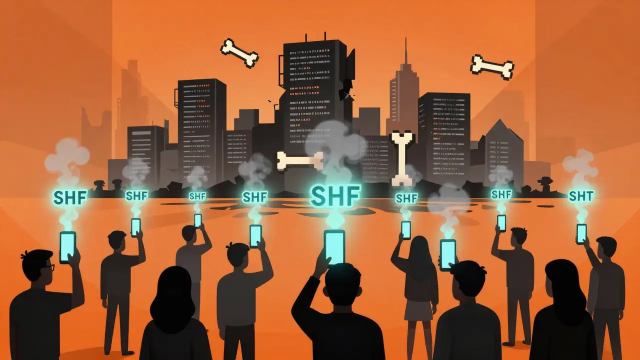 Faceless people release dissolving NFTs toward a crumbling metropolis made of code and bones.