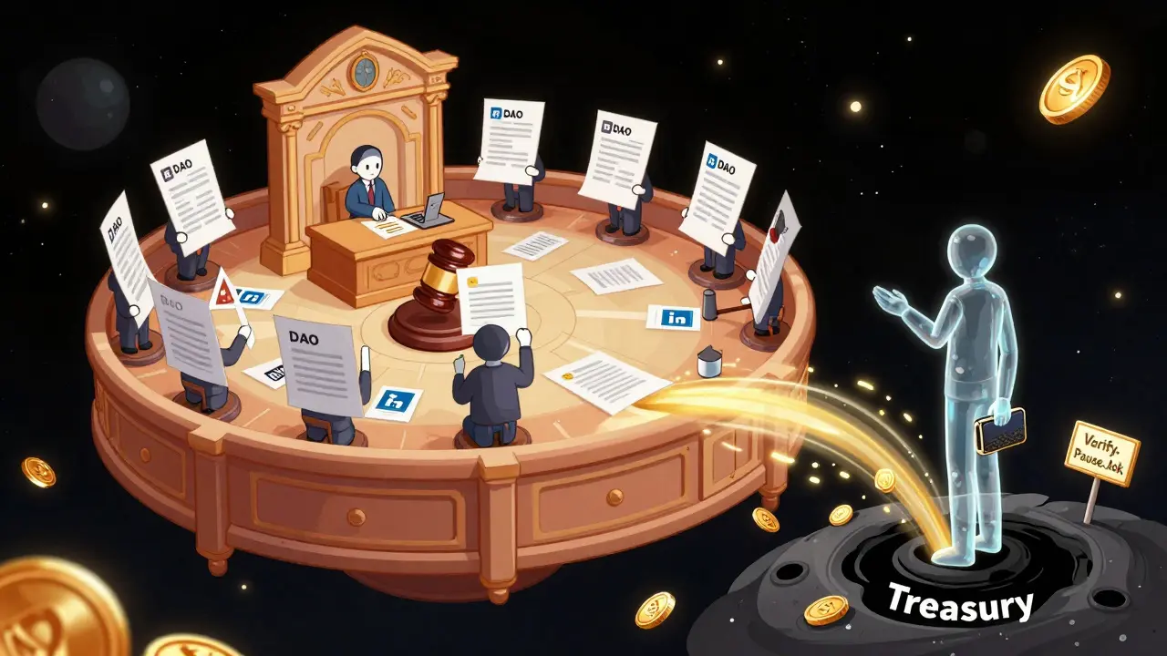 A DAO voting chamber where paper figures vote to drain funds, while a lone person holds a hardware wallet nearby.