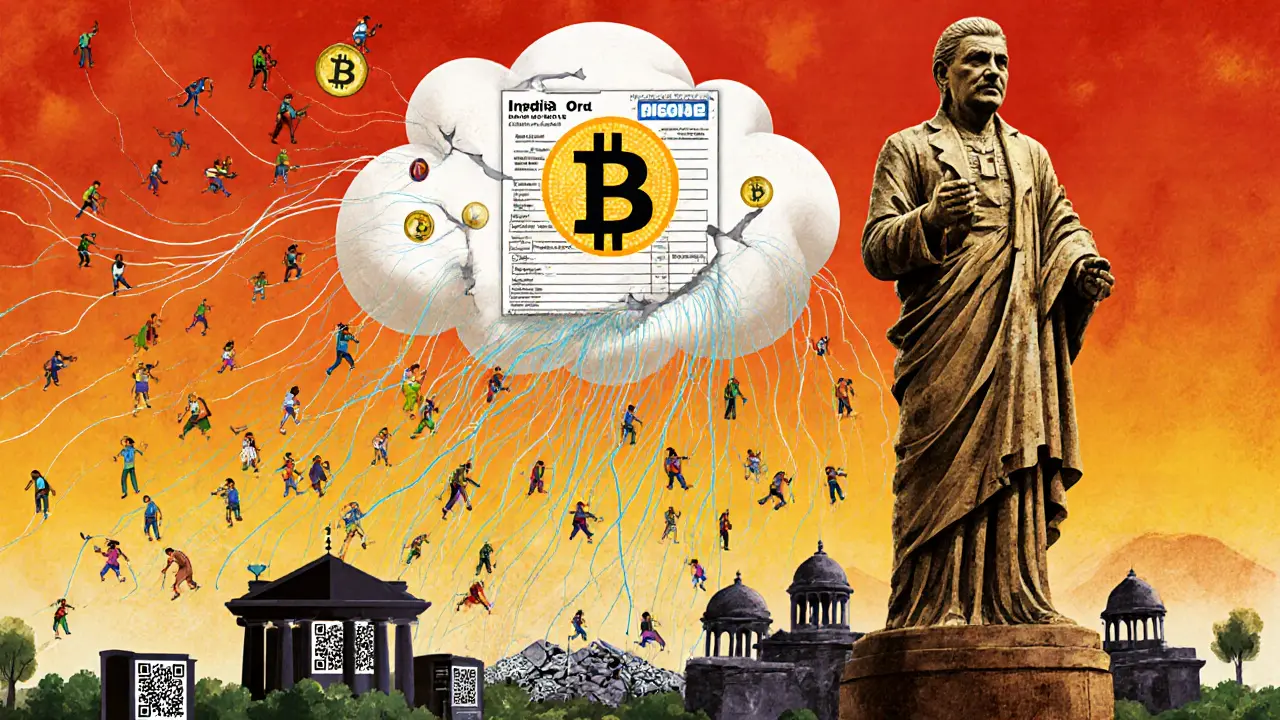 A giant Bitcoin statue rises from India&#039;s landscape, with farmers and vendors climbing it, as stablecoins flow upward into a tax-form cloud revealing a Bitcoin reserve below.