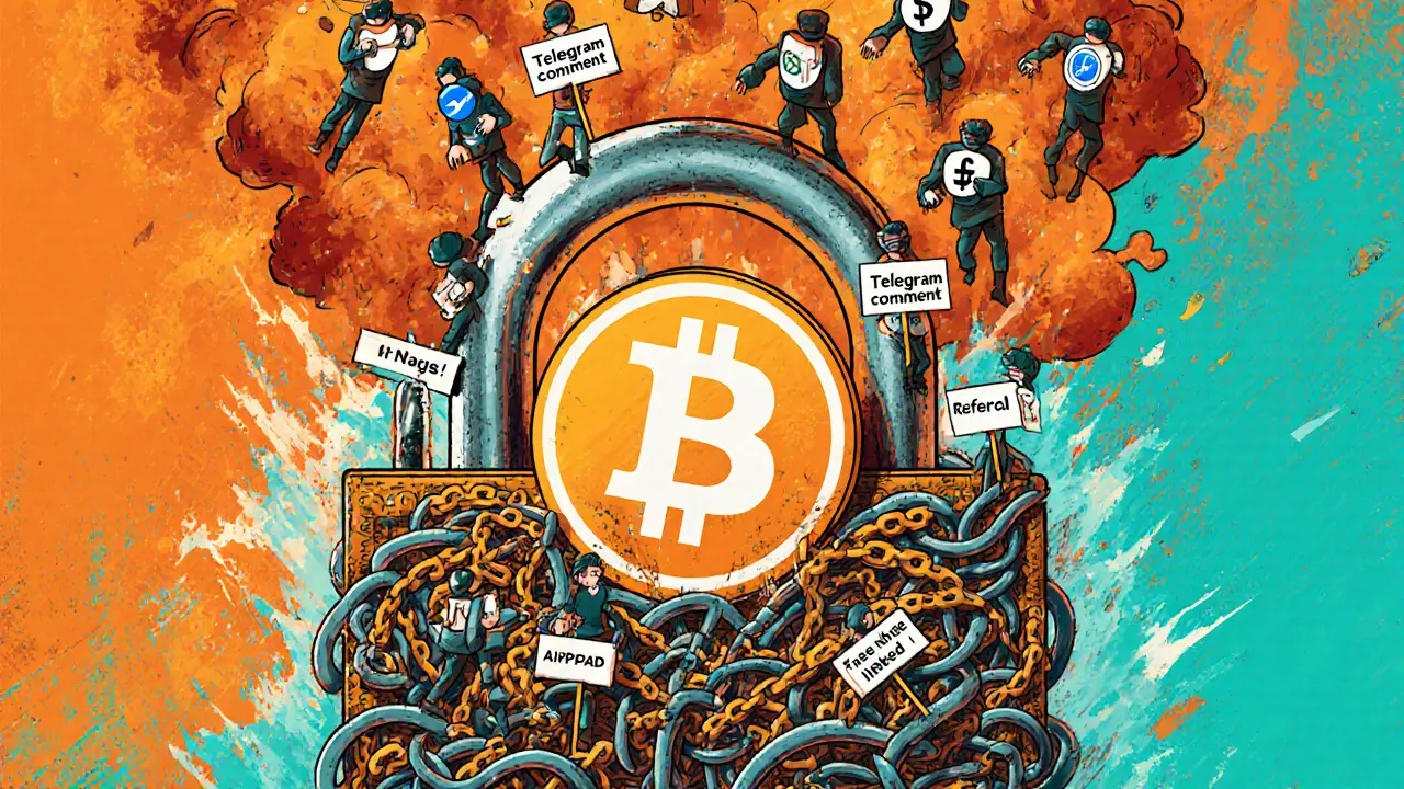 A giant MPAD-shaped key unlocking a chain lock, with users climbing it as scam figures dissolve into digital ash.