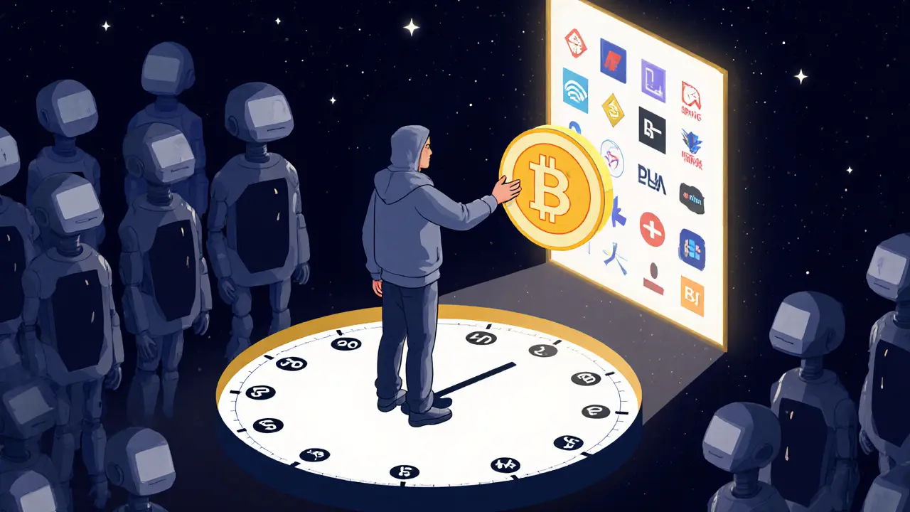 A lone figure reaching for a floating 20.25 MPAD token above a clock face while shadowy bots watch in the background.