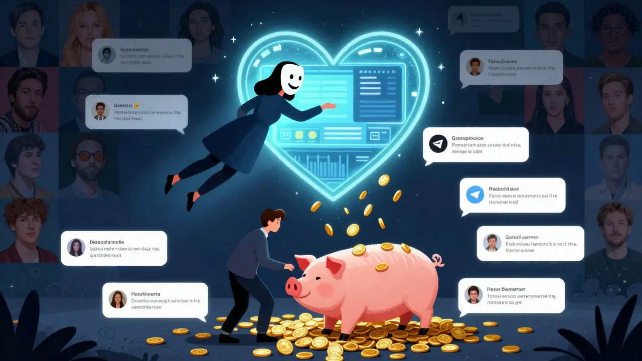 A romantic scammer above a heart-shaped crypto platform, with a person slowly turning into a pig fed by golden coins.