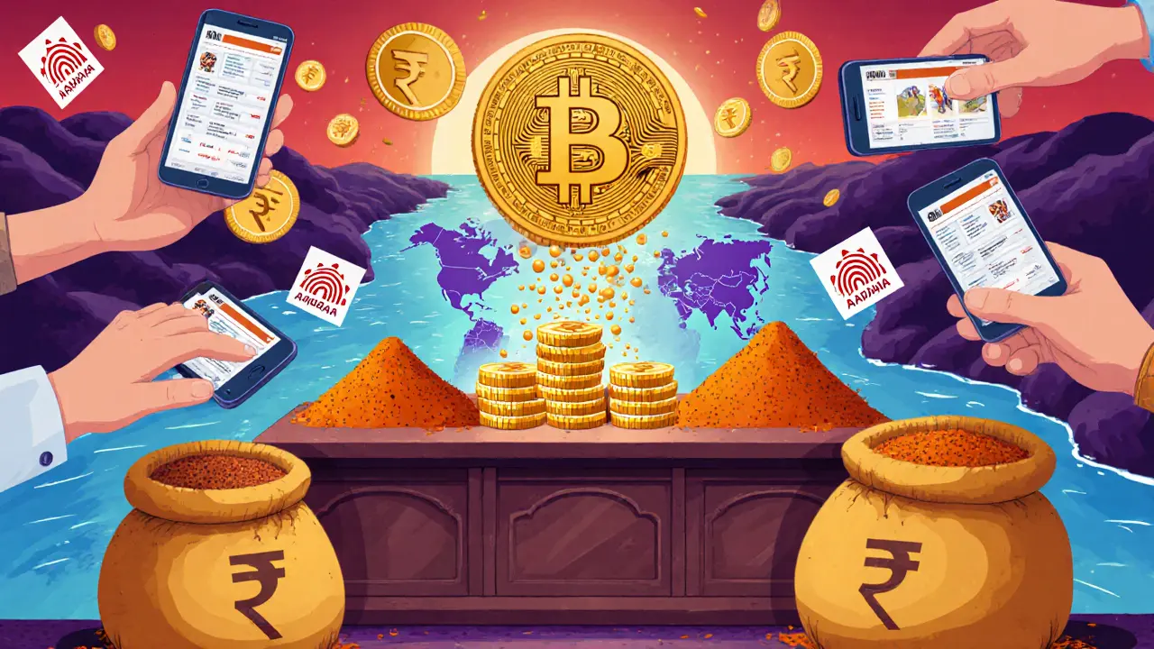 A spice shop transforms into a portal where spices become Bitcoin blocks, and USDC coins pour rupees into a global map made of smartphone screens.