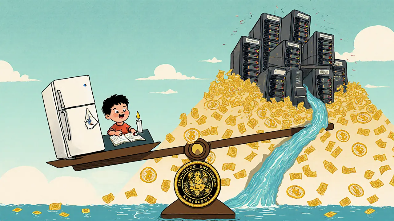 A surreal scale balances a family’s dark home against a mountain of crypto mining rigs powered by state subsidies.