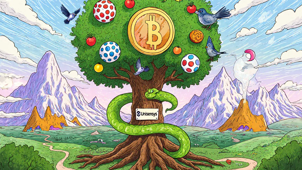 CAKE tree with syrup pools and lottery blossoms, coiled by a centralized sequencer serpent under liquidity mountains.