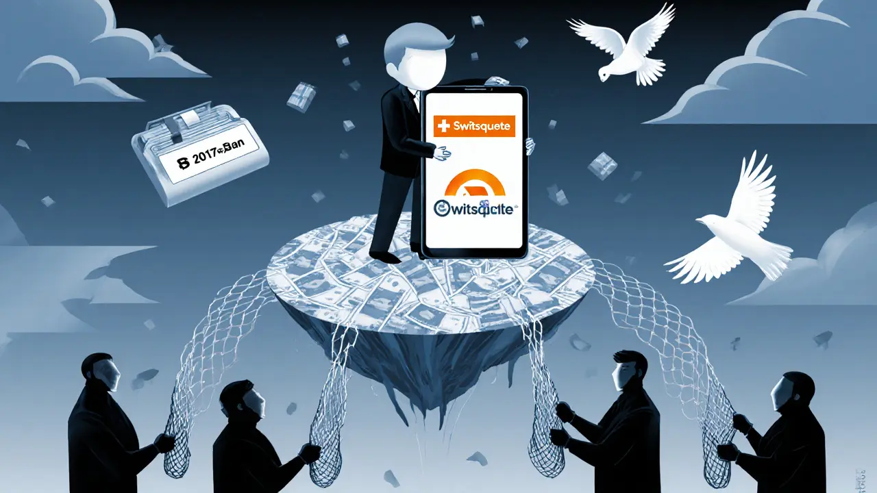 Faceless trader on a banknote island connecting to international crypto platforms while regulators hold empty nets.