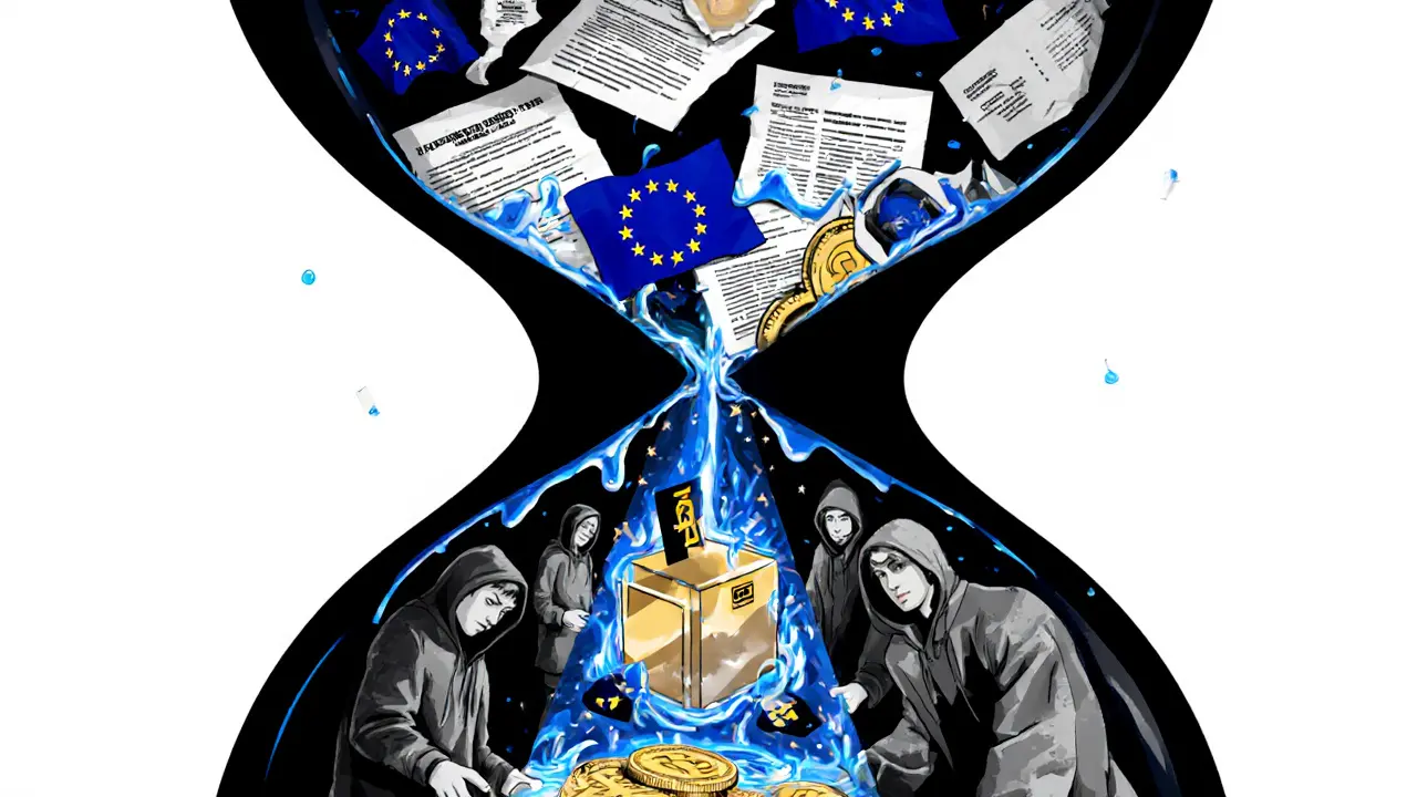 Giant hourglass with EU laws crumbling above and a thriving underground crypto market below, lit by a single beam.