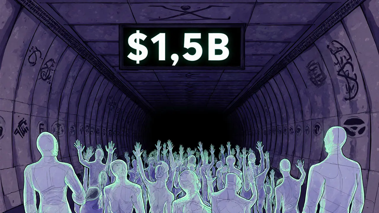 Hidden mining rigs glow in a stadium tunnel while transparent citizens reach upward in darkness above.