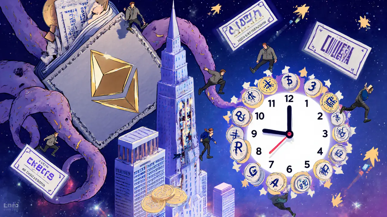 MetaMask portal bridging Ethereum to Linea, with CAKE tokens as a clock and tiny traders leaping between chains.