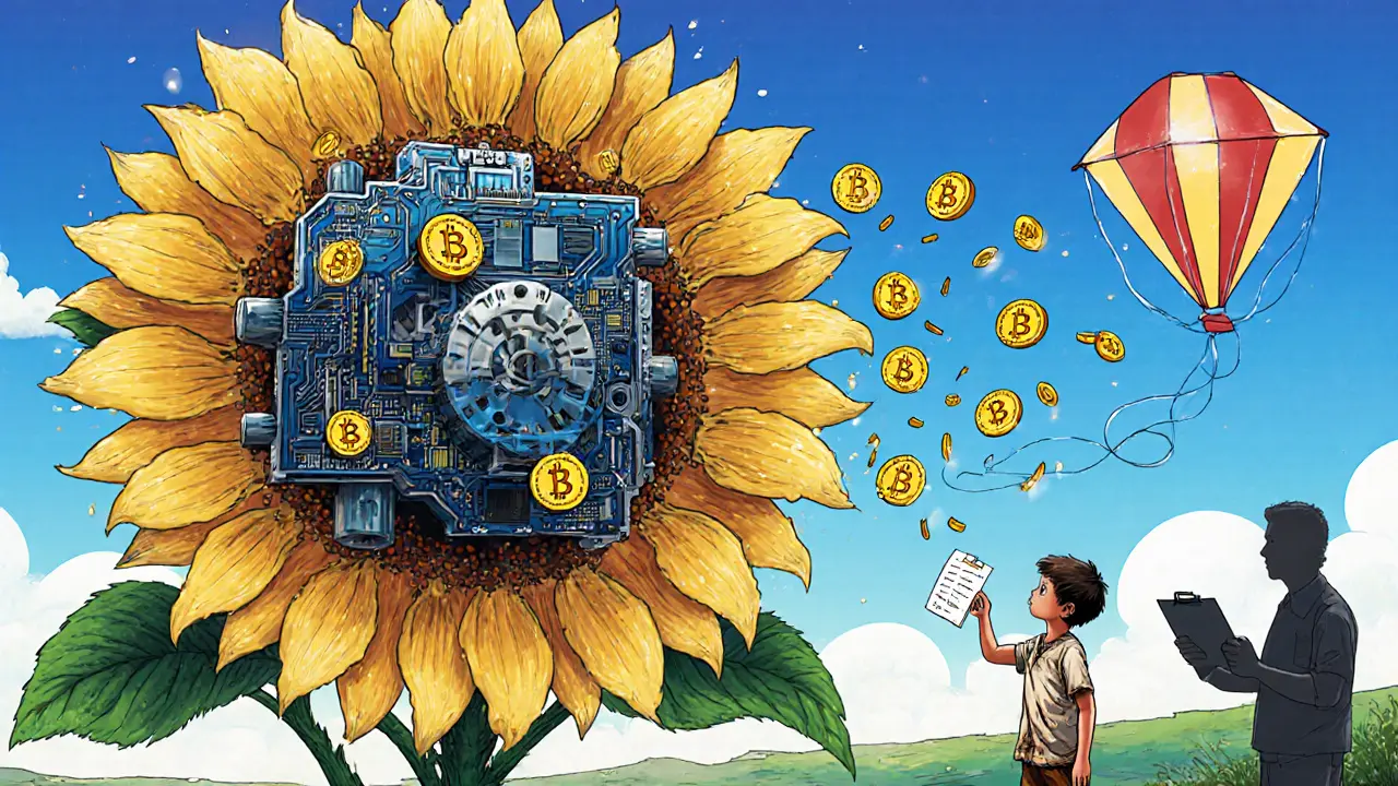 Solar-powered mining sunflower in Cuba, dropping Bitcoin petals as a child flies a paper wallet kite.
