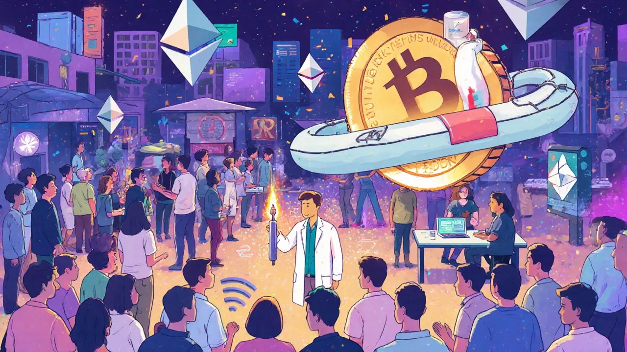 Surreal Wi-Fi hotspot marketplace with floating crypto tokens, a dentist using Ethereum-powered tools, and a Tether life raft.