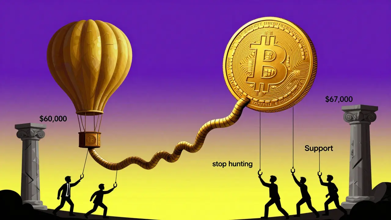 A Bitcoin coin rising as a balloon with a trailing stop-loss serpent coiling around it, shadowy figures pulling below.