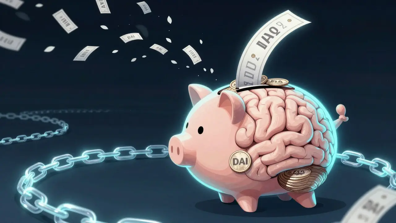 A brain-shaped savings jar glows with DeFi coins, as one winning ticket spirals upward among falling tickets.