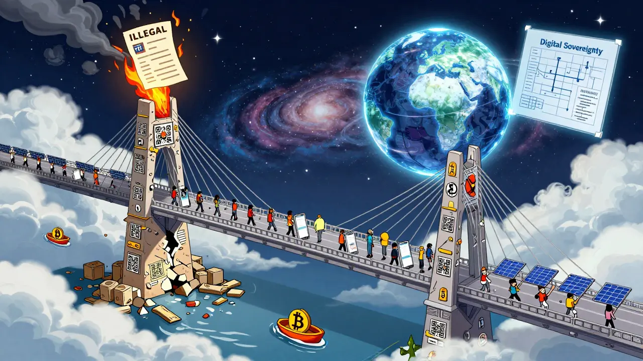 A bridge of P2P trades linking a crumbling rupee tower to a global financial galaxy, with 40 million people crossing.