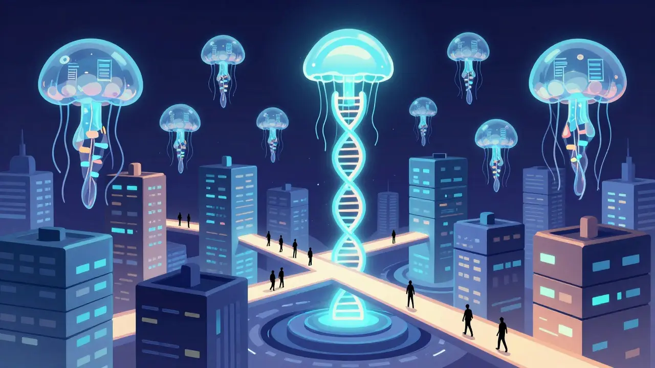 A city of transaction-block buildings connected by light bridges to a beacon tower, with floating data blobs above.