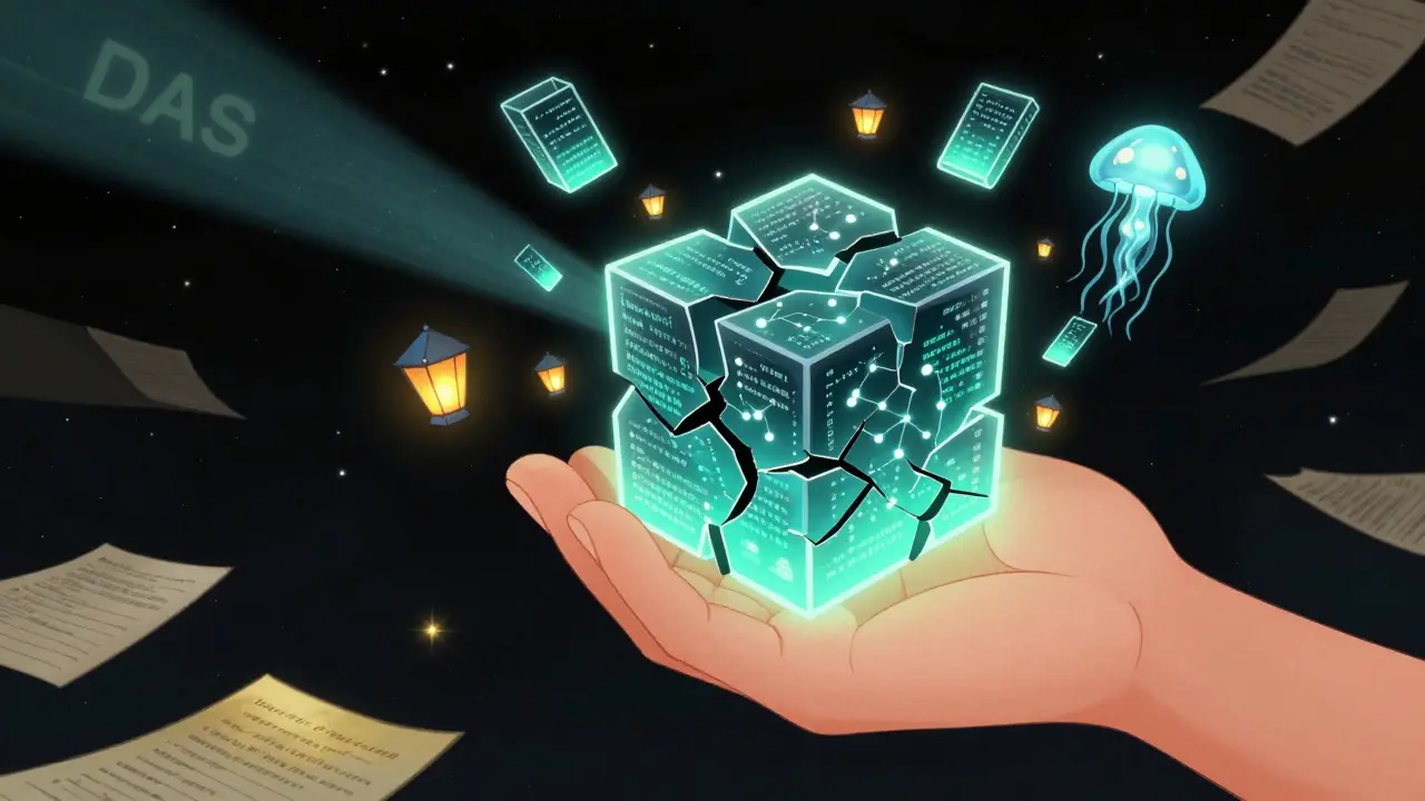 A cracked blockchain cube fracturing into 64 glowing shards, with data blobs and nodes floating around in a cosmic setting.