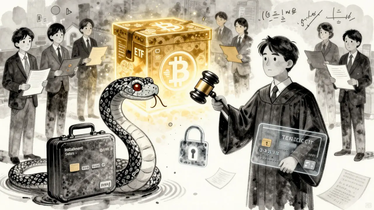 A credit card turns into a digital serpent bound by financial laws, while an ETF glows nearby.