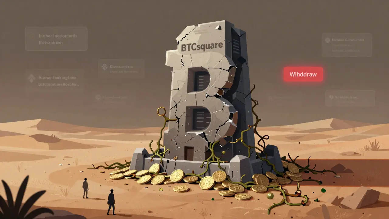 A crumbling BTCsquare monument lies in a desert of forgotten crypto coins while users walk away toward active exchanges.