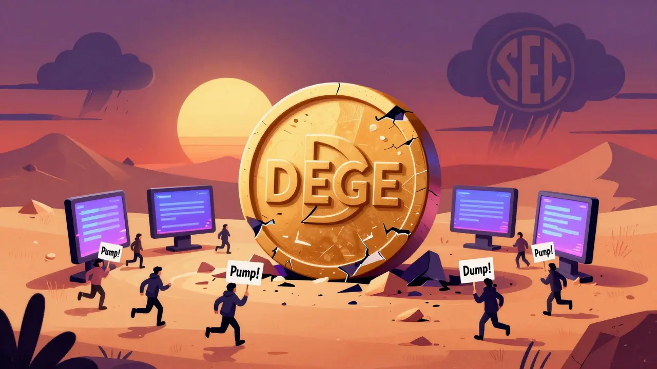 A crumbling DEGE token monument in a desert of trading screens under an SEC-shaped storm cloud.