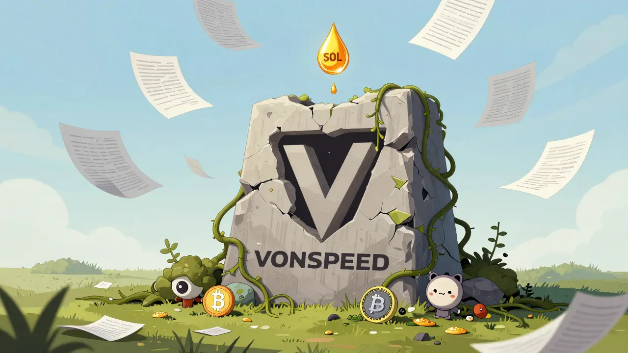 A crumbling monument to a worthless token, overtaken by digital vines under a sky of unreadable papers.