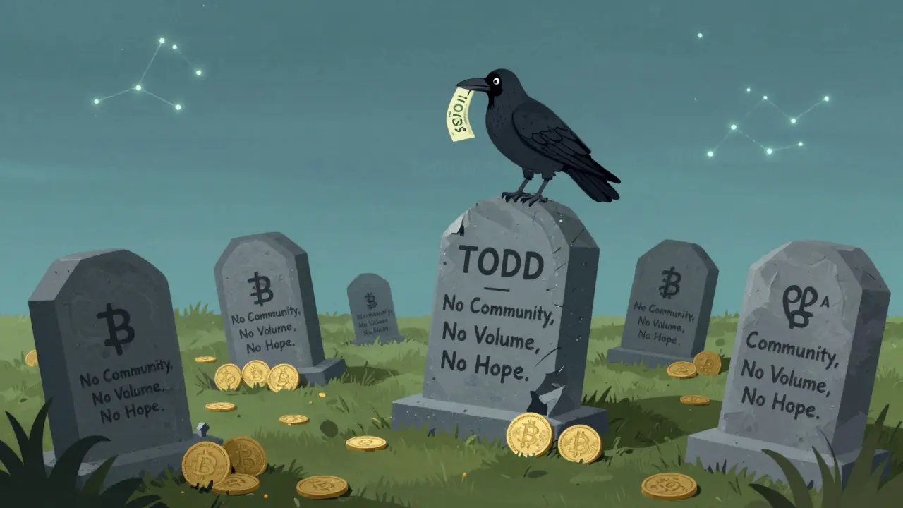 A crypto graveyard with a TODD tombstone, a crow holding a fee receipt under a starless sky.