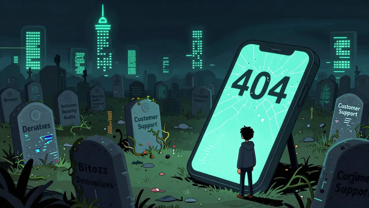 A digital graveyard of failed crypto promises with a confused user staring at a 404 error screen, while other exchanges glow in the distance.