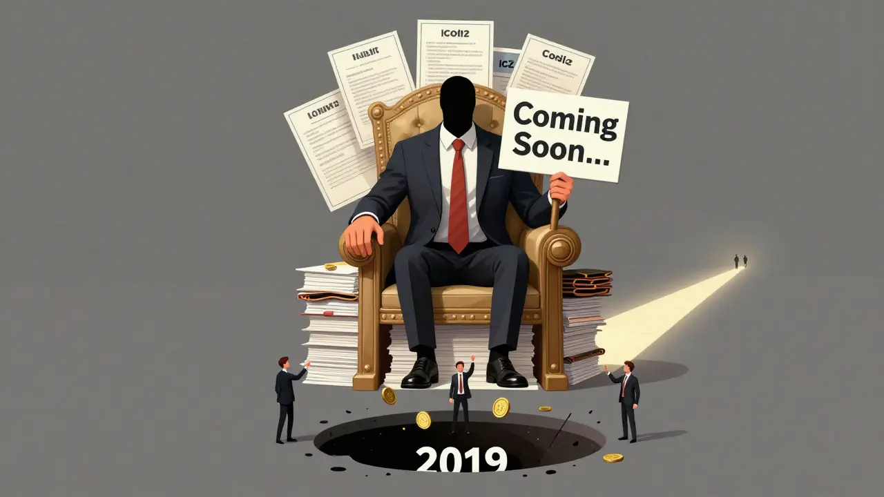 A faceless CEO made of pitch decks sits on a throne of empty wallets, throwing BZZ tokens into a black hole labeled '2019'.