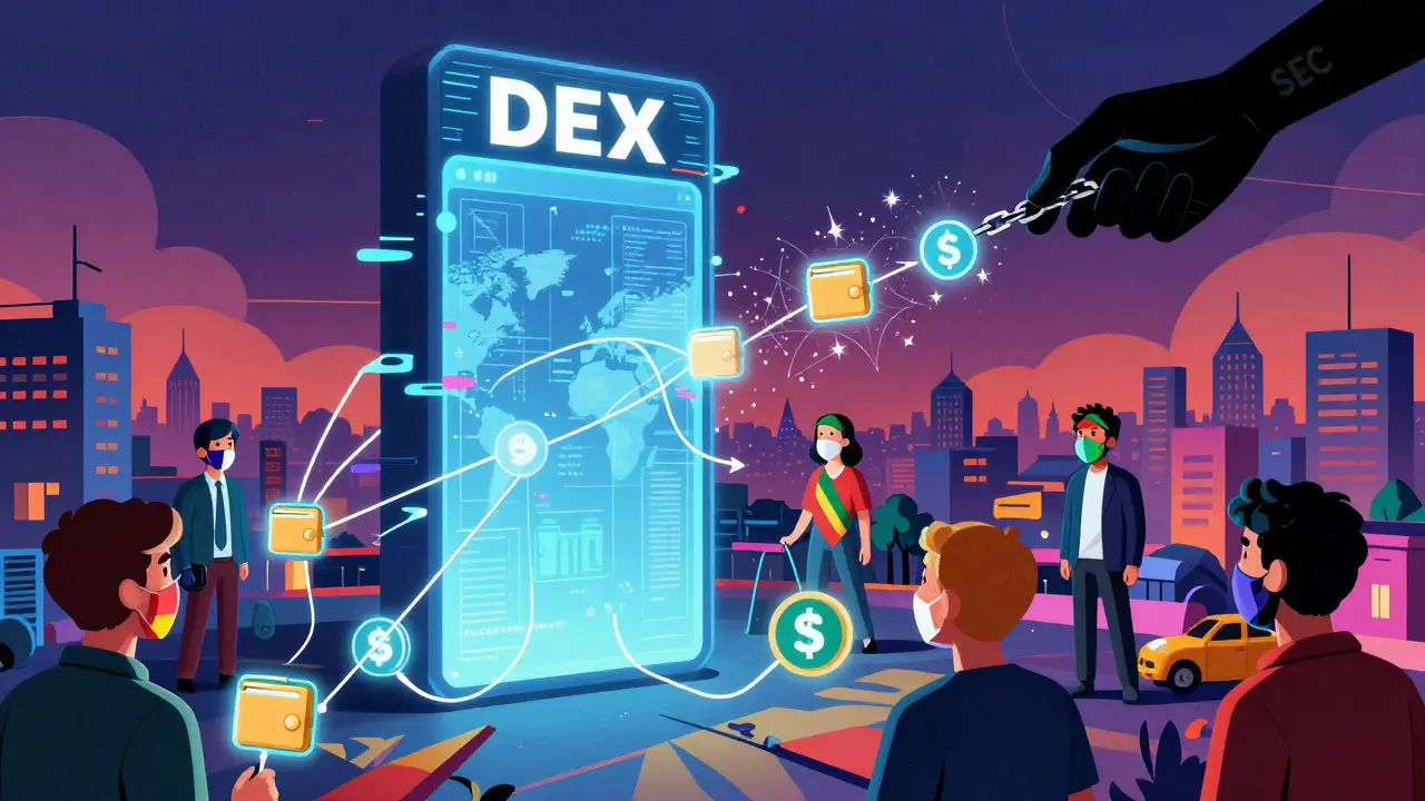 A floating DEX portal with users connecting wallets through abstract digital tendrils.