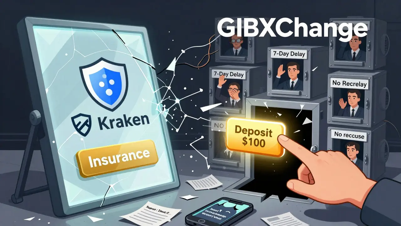 A fractured mirror showing regulated exchanges vs. GIBXChange’s chaotic reflection with trapped users in locked vaults.