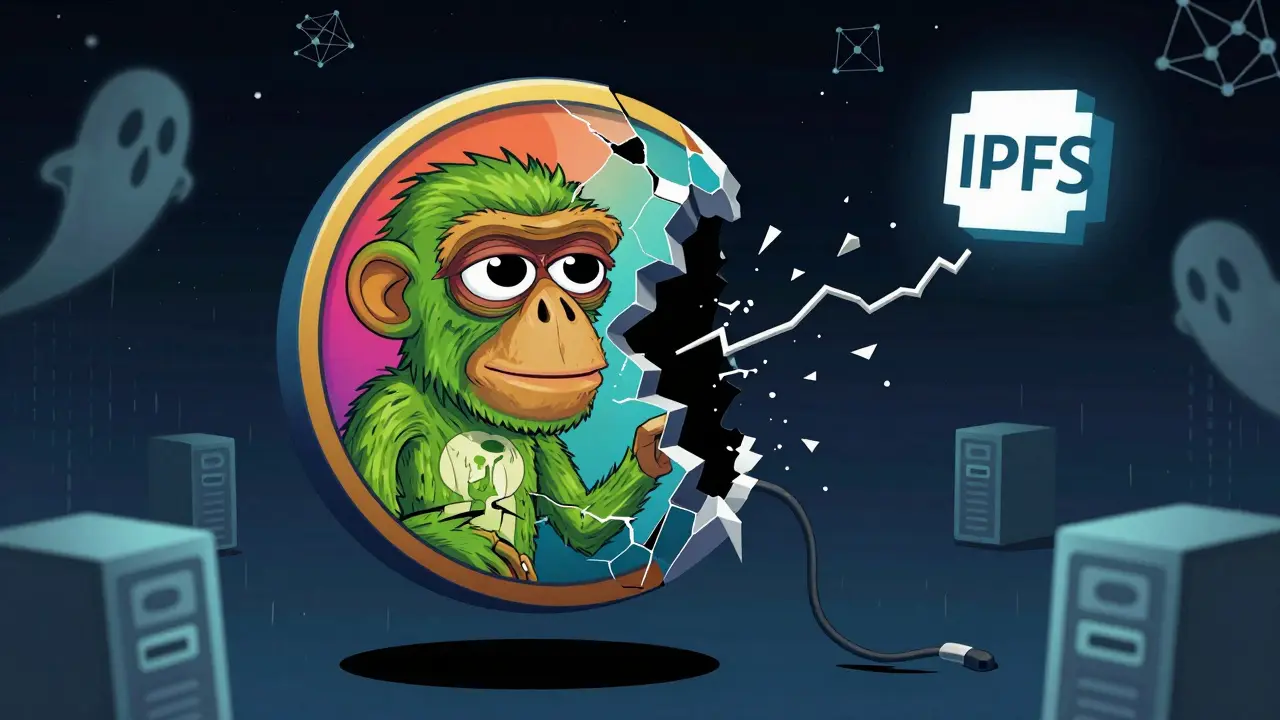 A fractured NFT token half-real, half-vanishing, connected by a snapping URL cable to an IPFS hash in a binary storm.