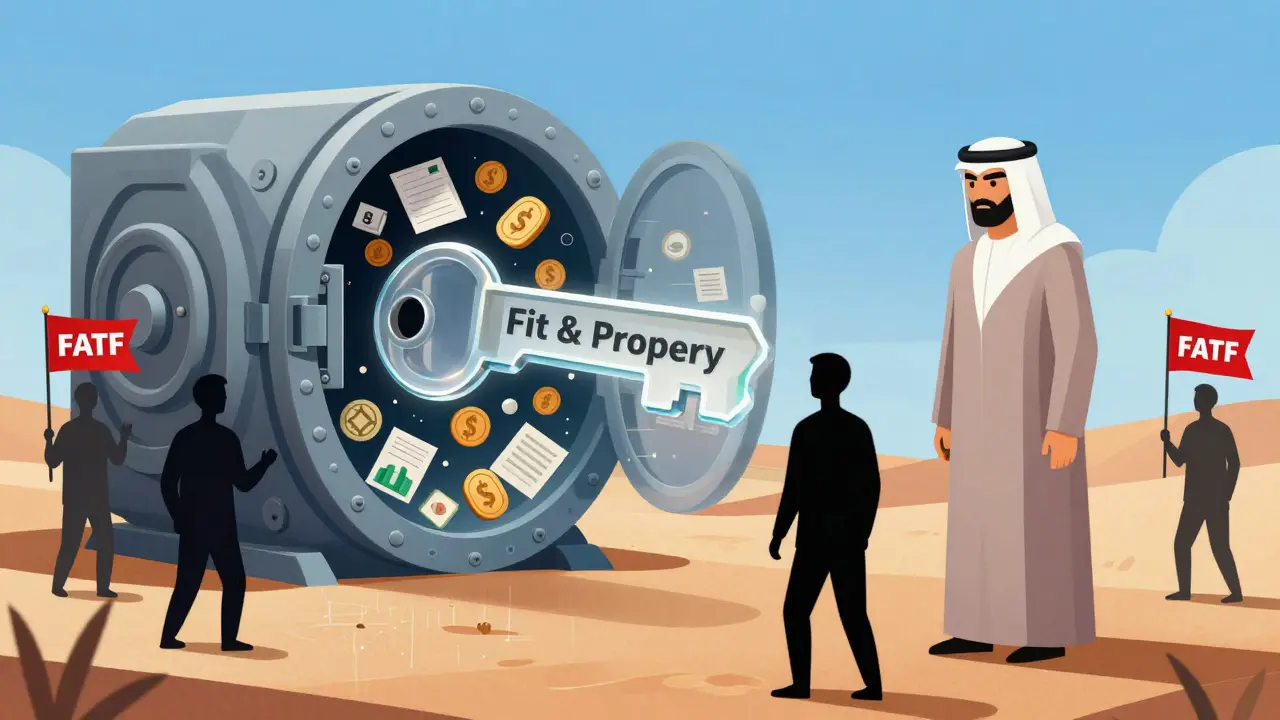 A giant key unlocks a vault of tokens and documents while barred figures with red flags are kept out by a guardian.