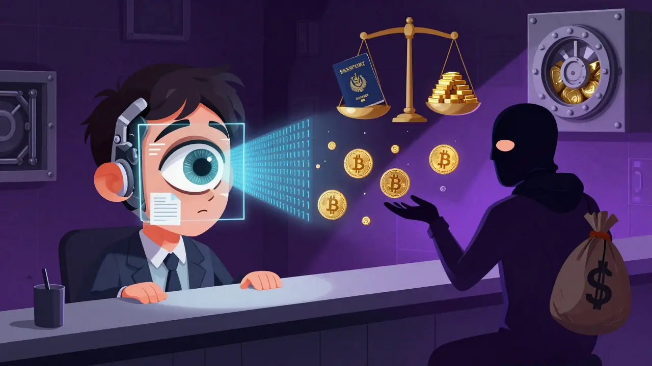 A giant mechanical eye scans a person whose face dissolves into crypto symbols, with a criminal shadow nearby.