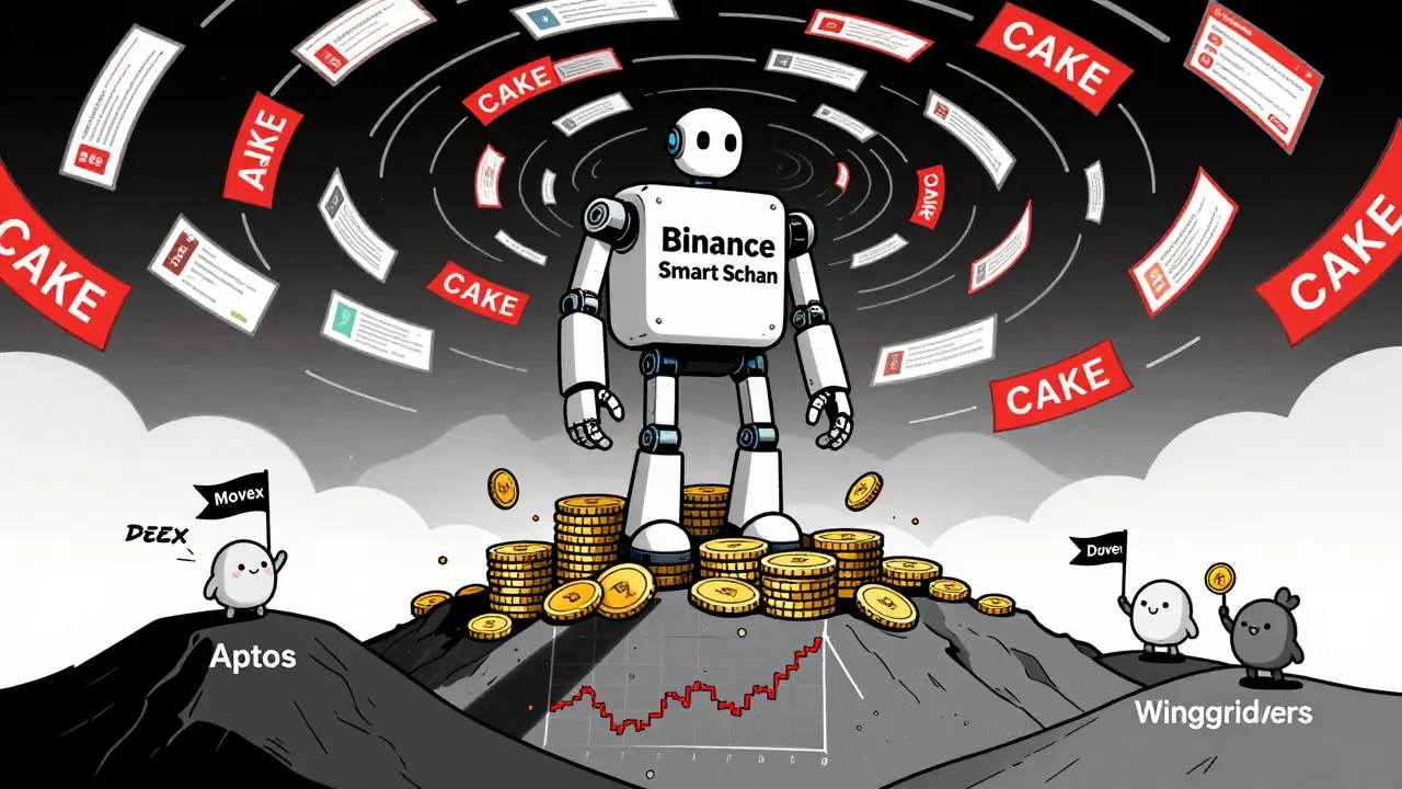 A giant robot on a CAKE mountain towers over a small Aptos hill with three friendly DEXs waving Move code flags.