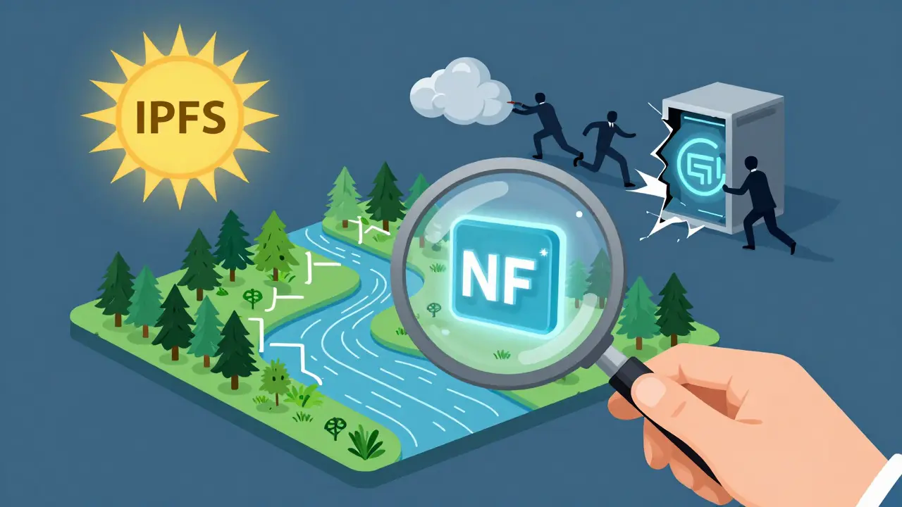 A hand examines an NFT through a magnifying glass, revealing a JSON forest and IPFS sun, while centralized servers fade away.