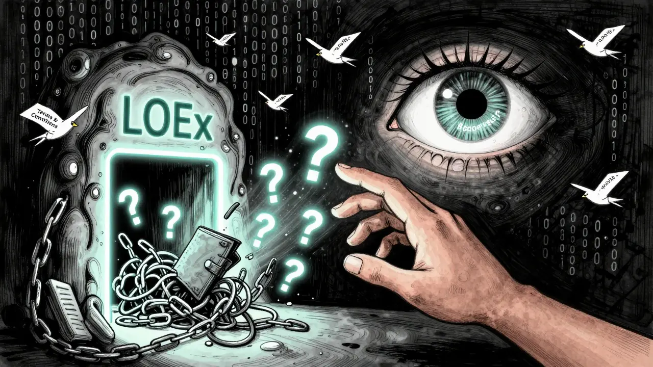 A hand reaching into a portal that spits out chains and question marks, watched by a giant eye.