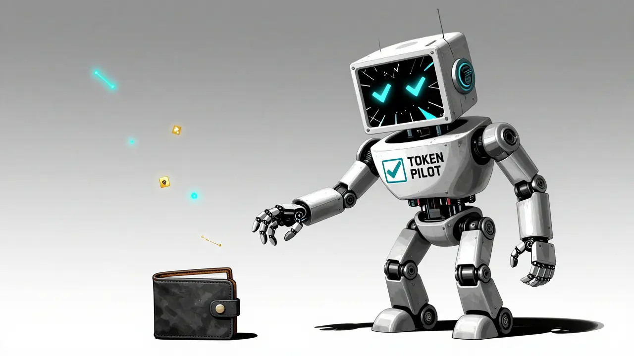 A hollow robot made of screens reaches for a wallet while real airdrops shine like stars in the distance.