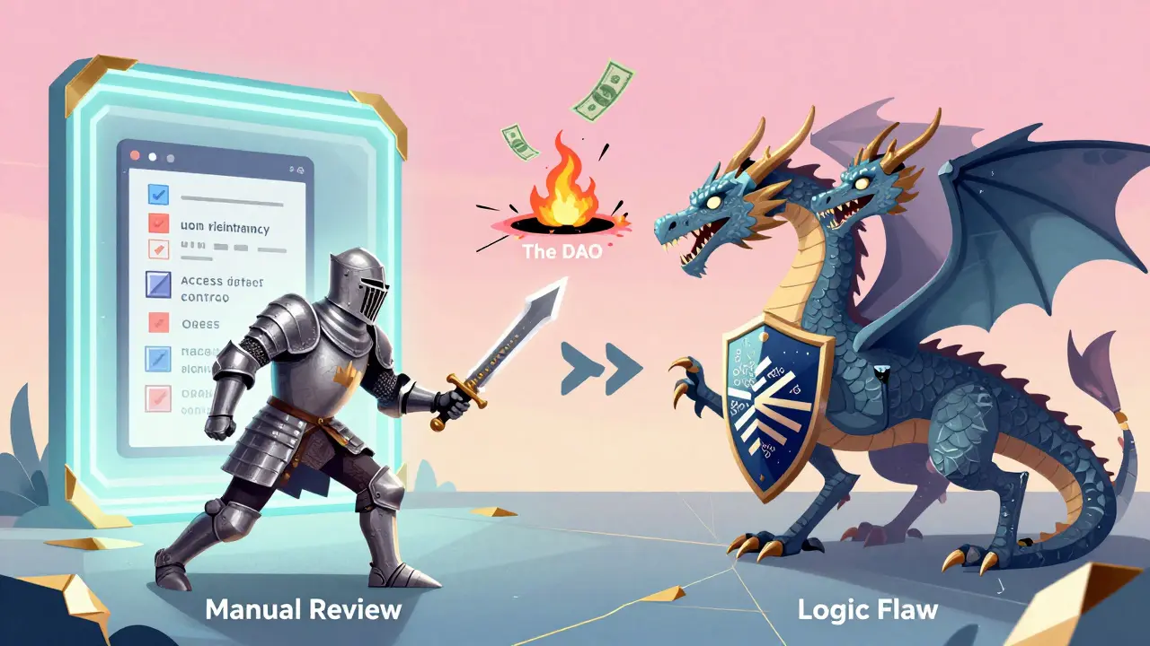 A knight battling a multi-headed logic flaw dragon in a surreal CTF arena with a burning million-dollar bill.