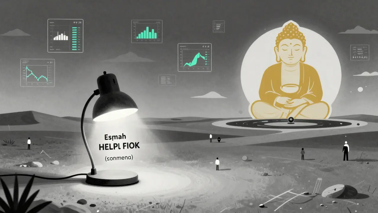 A lone Spanish help desk lamp in a digital desert, with lost users beneath floating trading charts under a giant Buda logo.