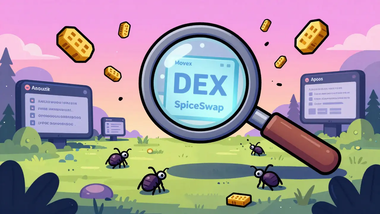 A magnifying glass over real Aptos DEXs while fake PancakeSwap sites crawl below like insects.
