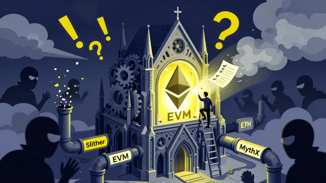 A mechanical Ethereum node with reviewers climbing checklists while attackers sneak through flawed tools.