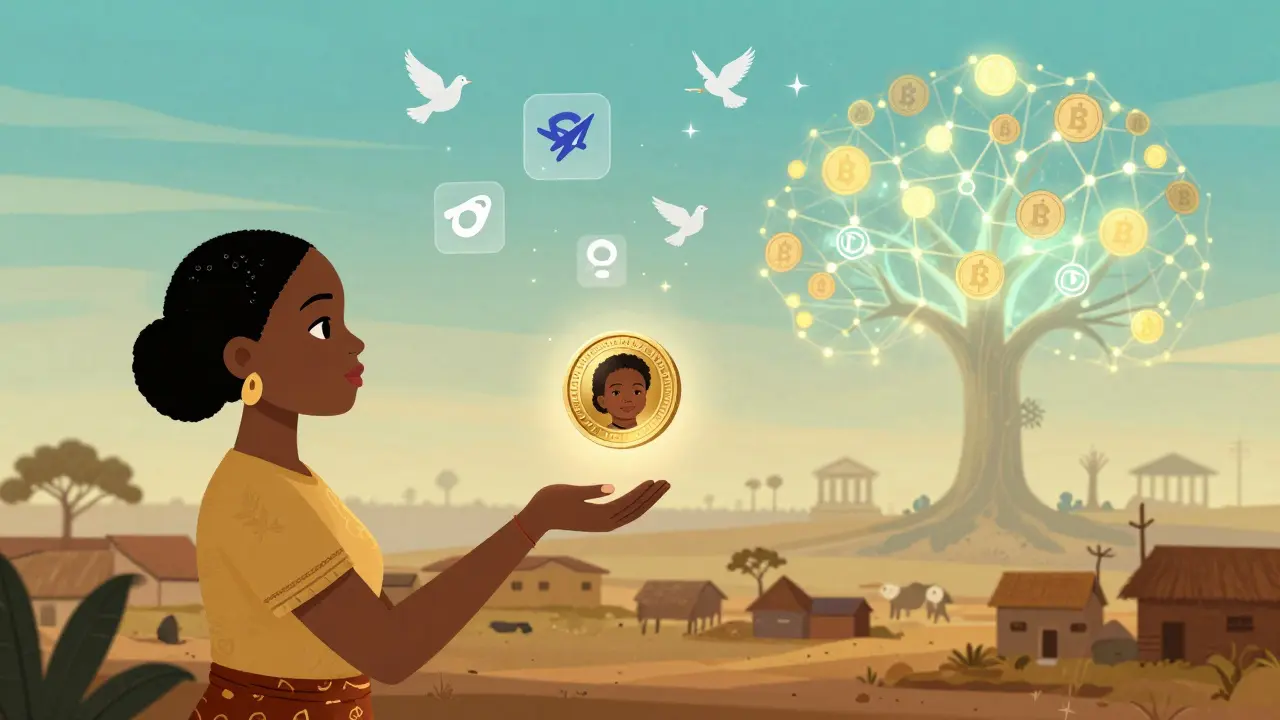 A mother in Nigeria receives a digital coin from the sky, its surface reflecting her child, with financial logos dissolving into doves.