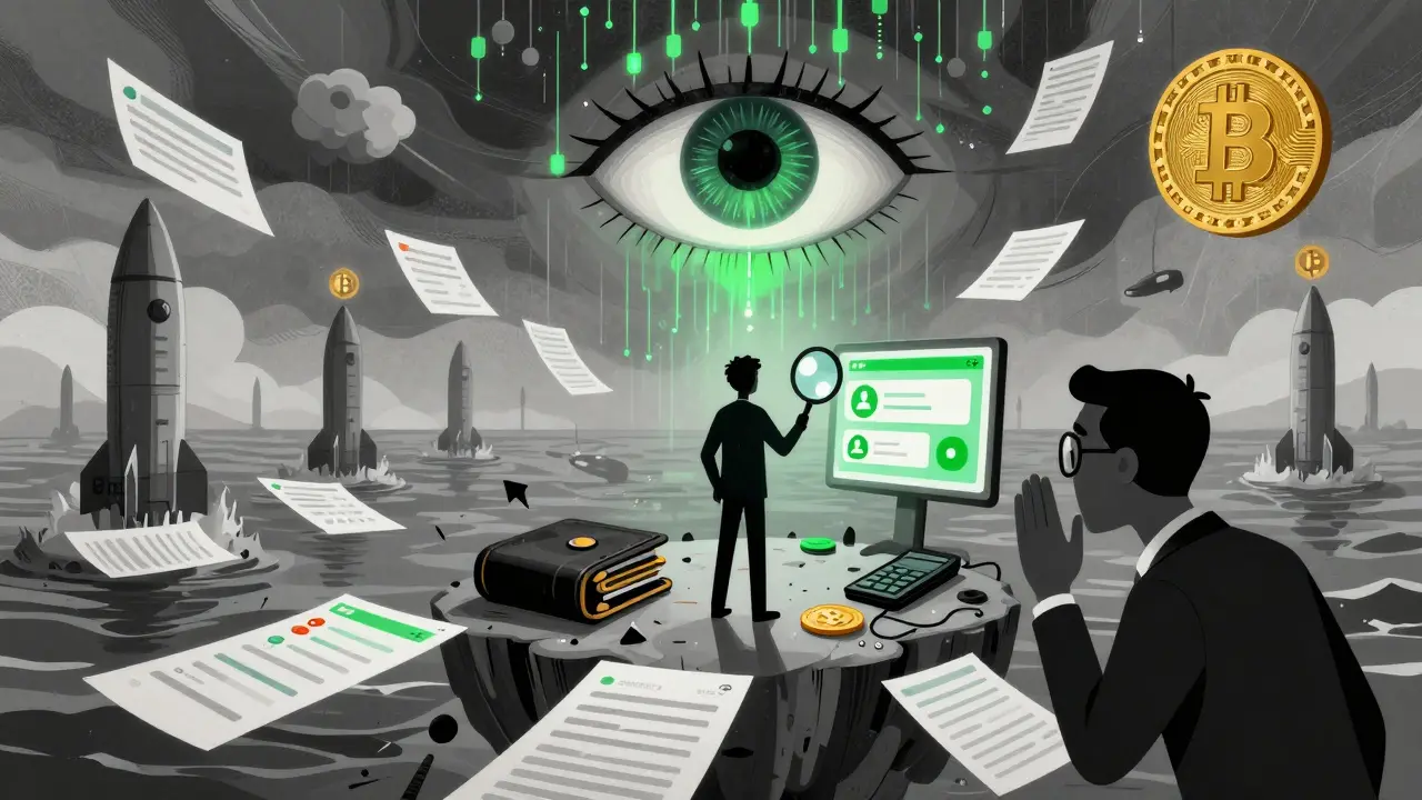 A person stands on floating wallets amid a storm of fake confirmations, watched by a blockchain eye, as missile silos topped with Bitcoin rise in the distance.